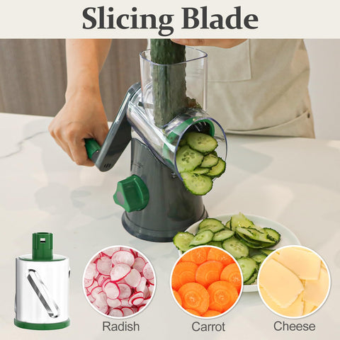 Three-blade system offering coarse, fine, and slicing options for versatile prep