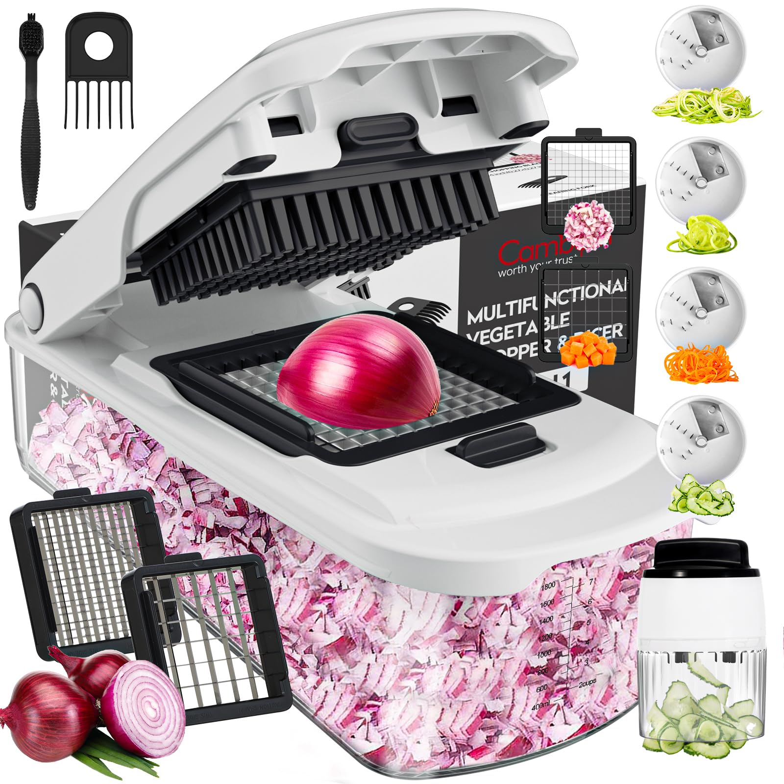 Cambom vegetable chopper with container for quick prep and organized storage.