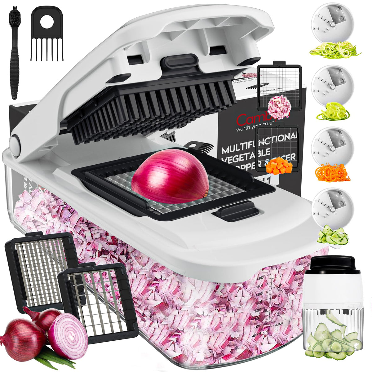 Cambom vegetable chopper with container for quick prep and organized storage.