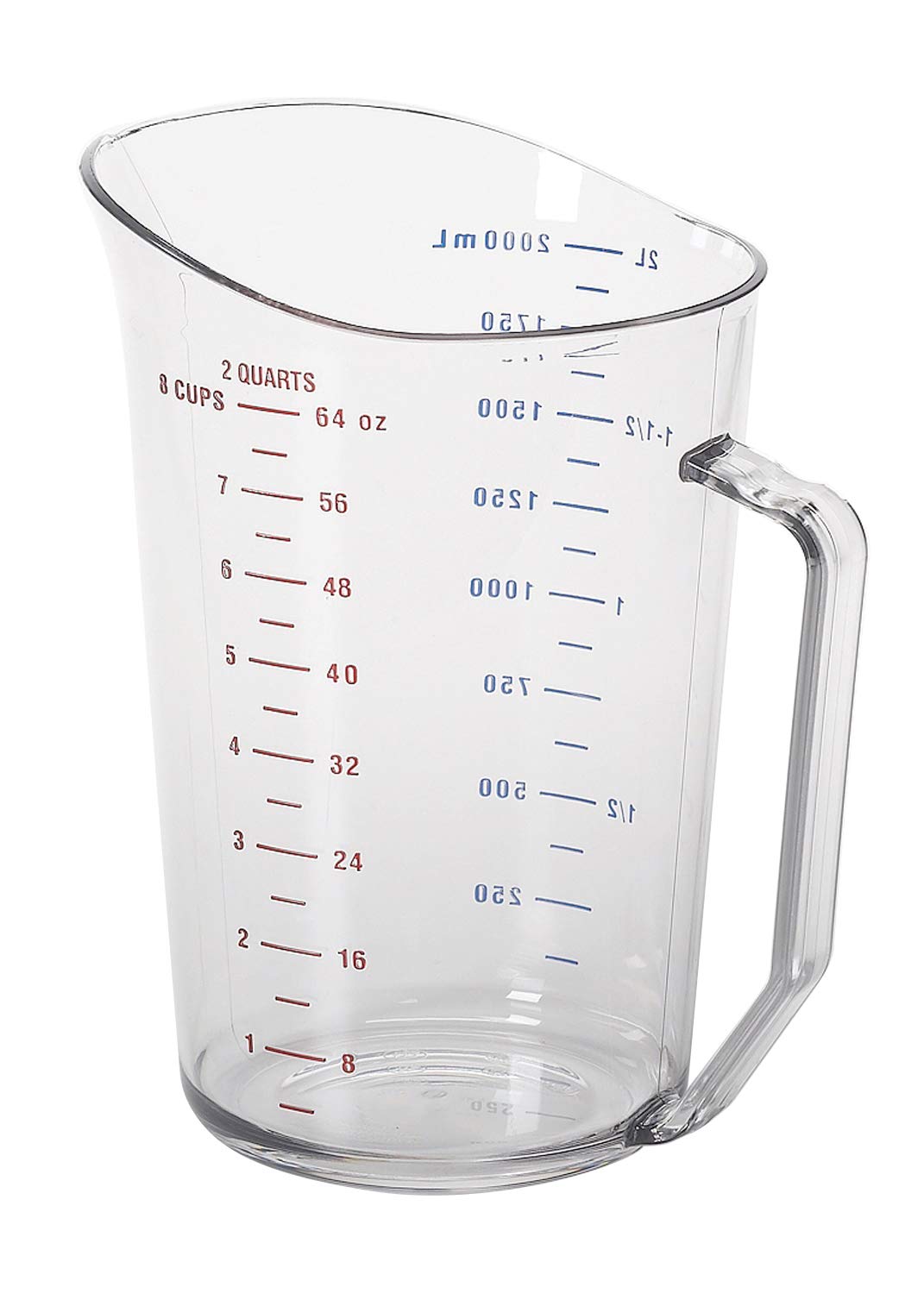 Cambro 200MCCW 2 qt measuring cup in Camwear clear polycarbonate with precise marks for accurate pouring.