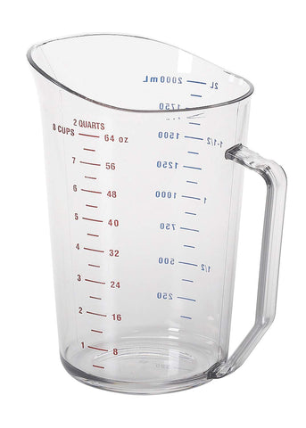 Cambro 200MCCW 2 qt measuring cup in Camwear clear polycarbonate with precise marks for accurate pouring.