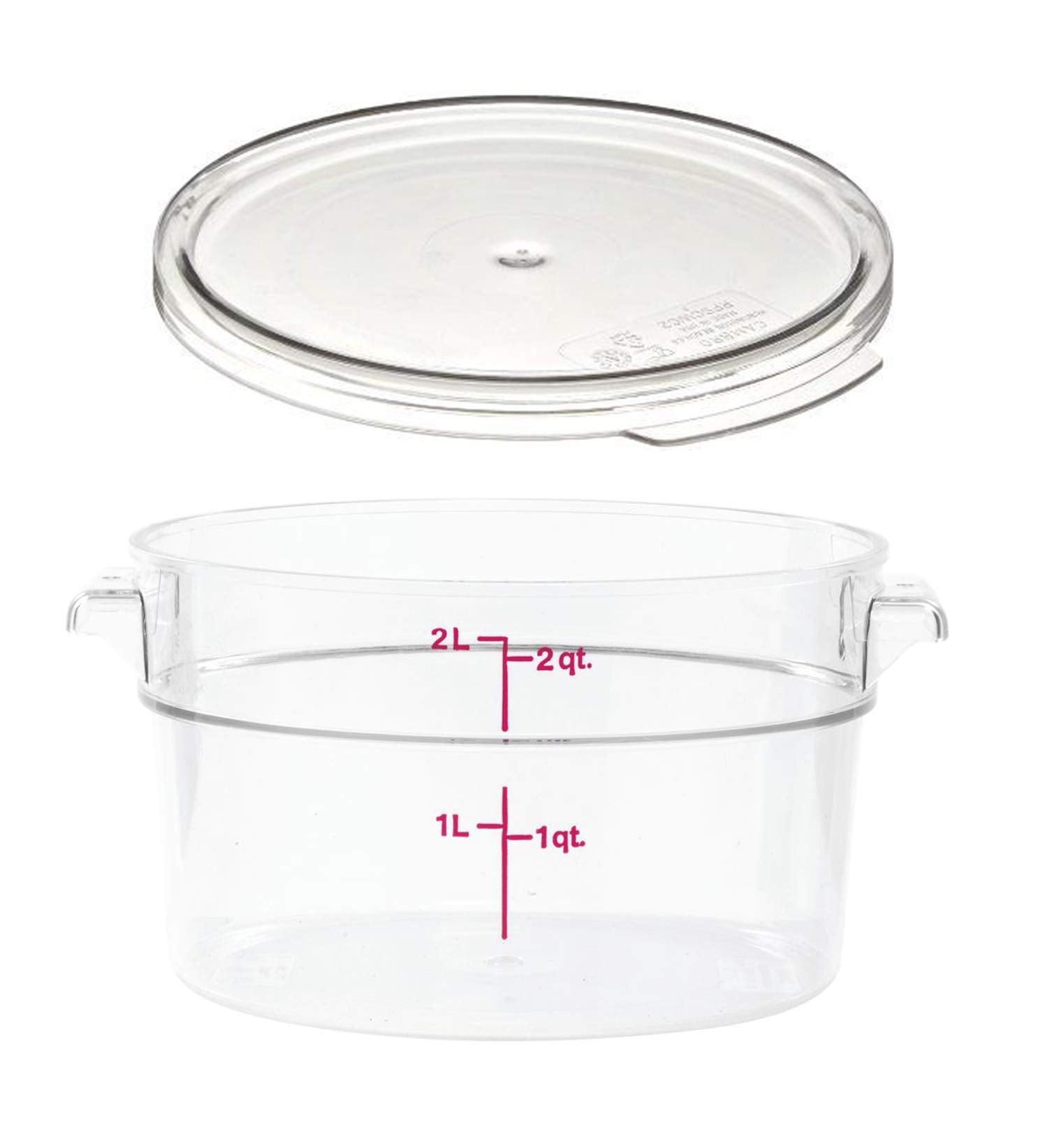 Cambro Camwear 2-quart clear round container for easy contents visibility.