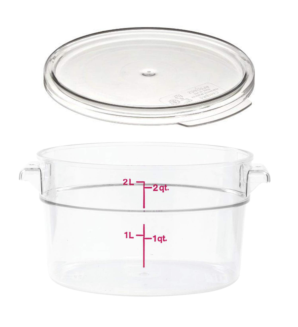 Cambro Camwear 2-quart clear round container for easy contents visibility.