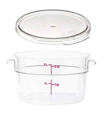 Cambro Camwear 2-quart clear round container for easy contents visibility.