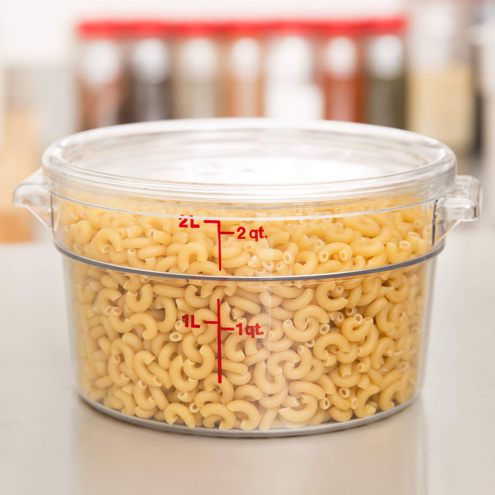 Cambro Camwear stackable design improves pantry organization and storage efficiency.