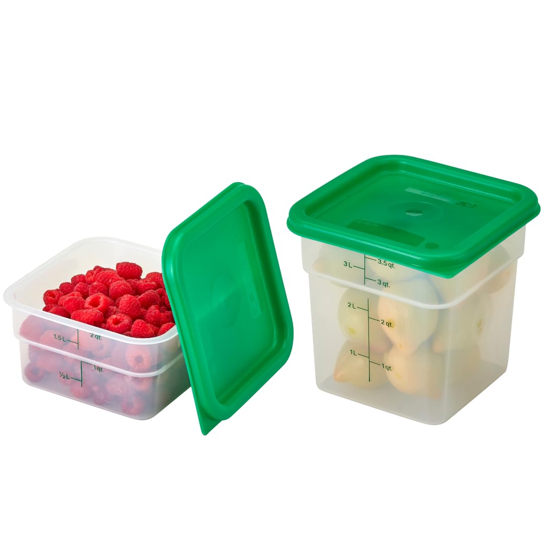 Cambro classic square 2qt container with green lid for organized meal prep.