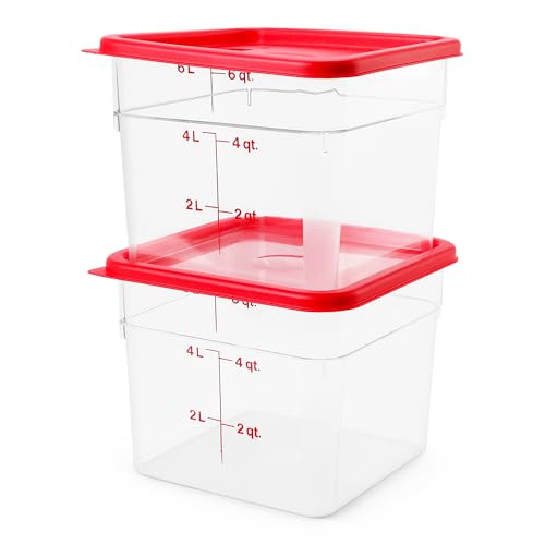 Cambro Classic Square 6QT clear container with red lid for freshness