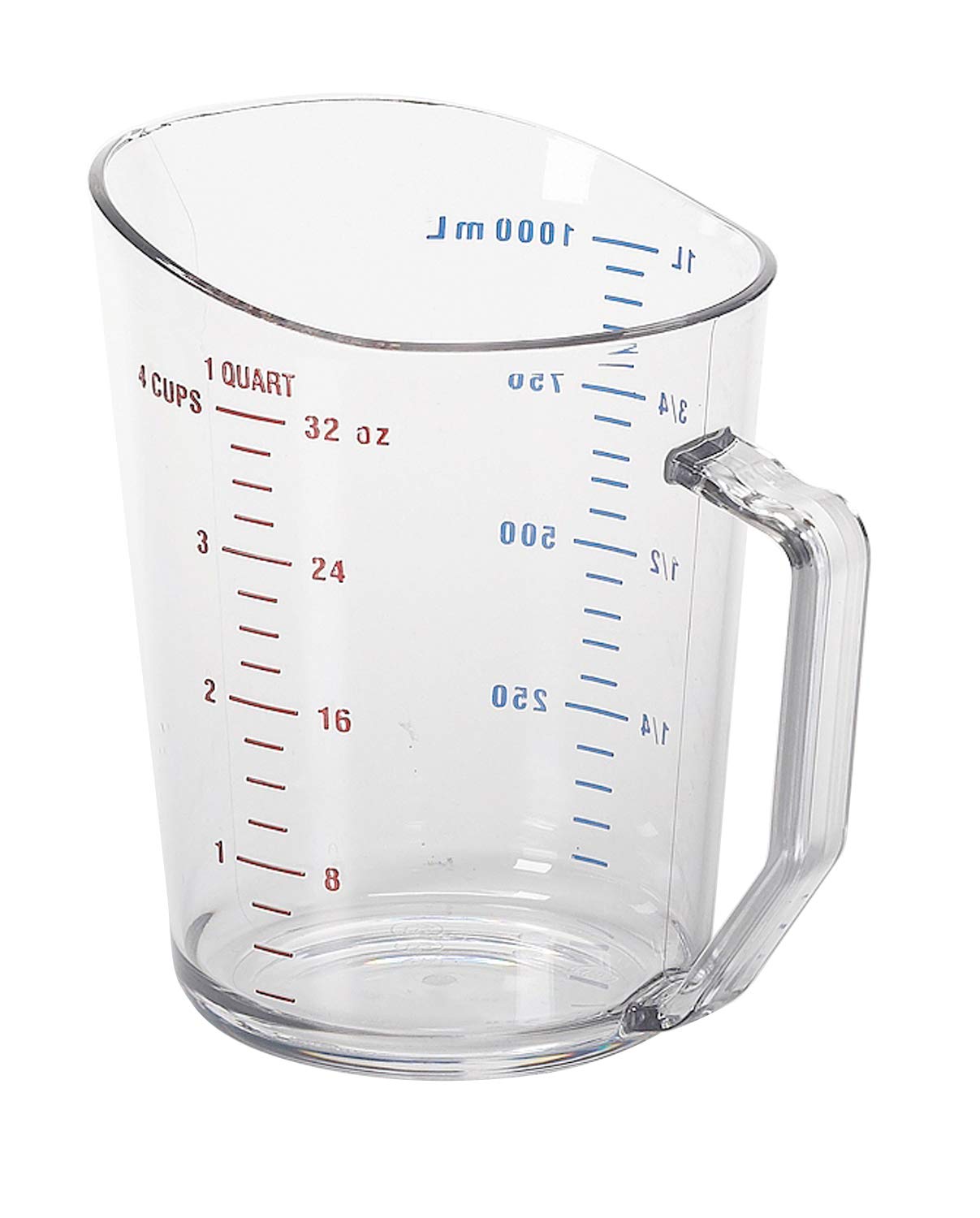 Cambro 1 Quart Clear measure cup, front view, rugged Camwear resists dents for precise measuring.