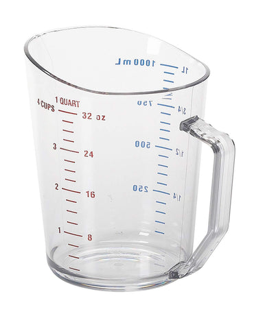 Cambro 1 Quart Clear measure cup, front view, rugged Camwear resists dents for precise measuring.