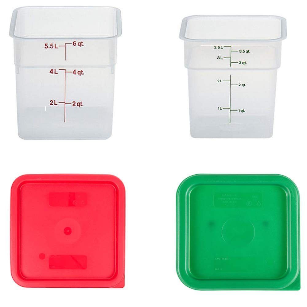 Cambro square food storage containers with lids, stackable for organized fridge storage and freezer ready