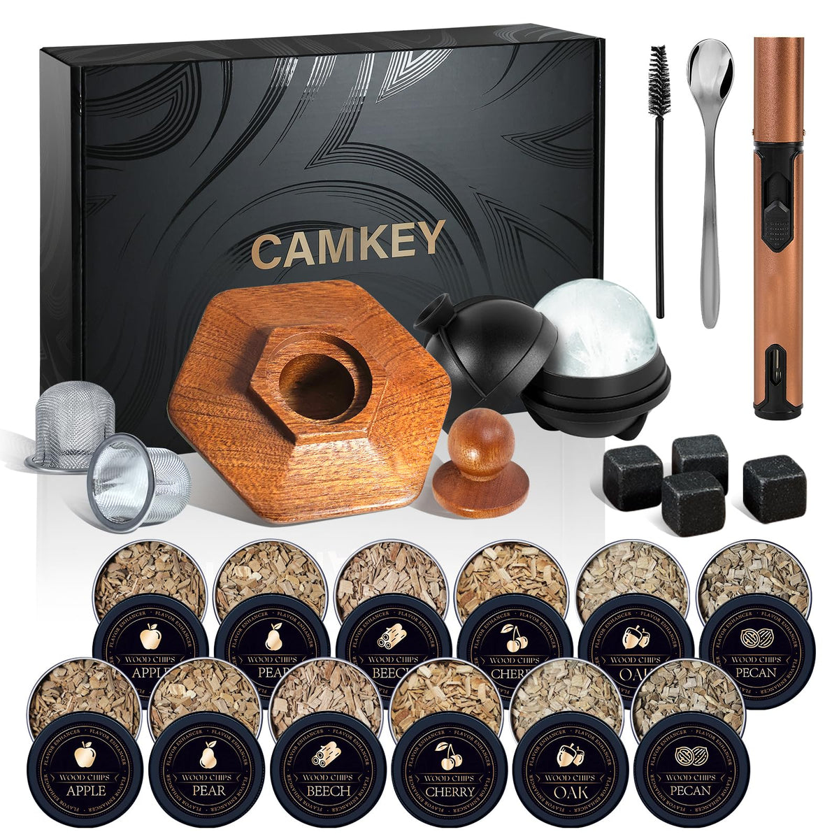CAMKEY whiskey smoker kit box showcase with premium oak construction and gift-ready packaging