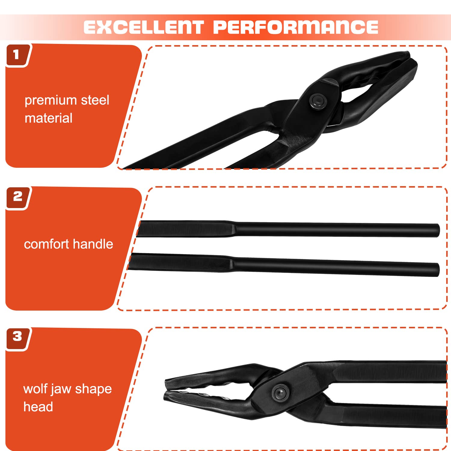 Camoo Wolf Jaw tongs demonstrate angled clamping for precise metalwork.
