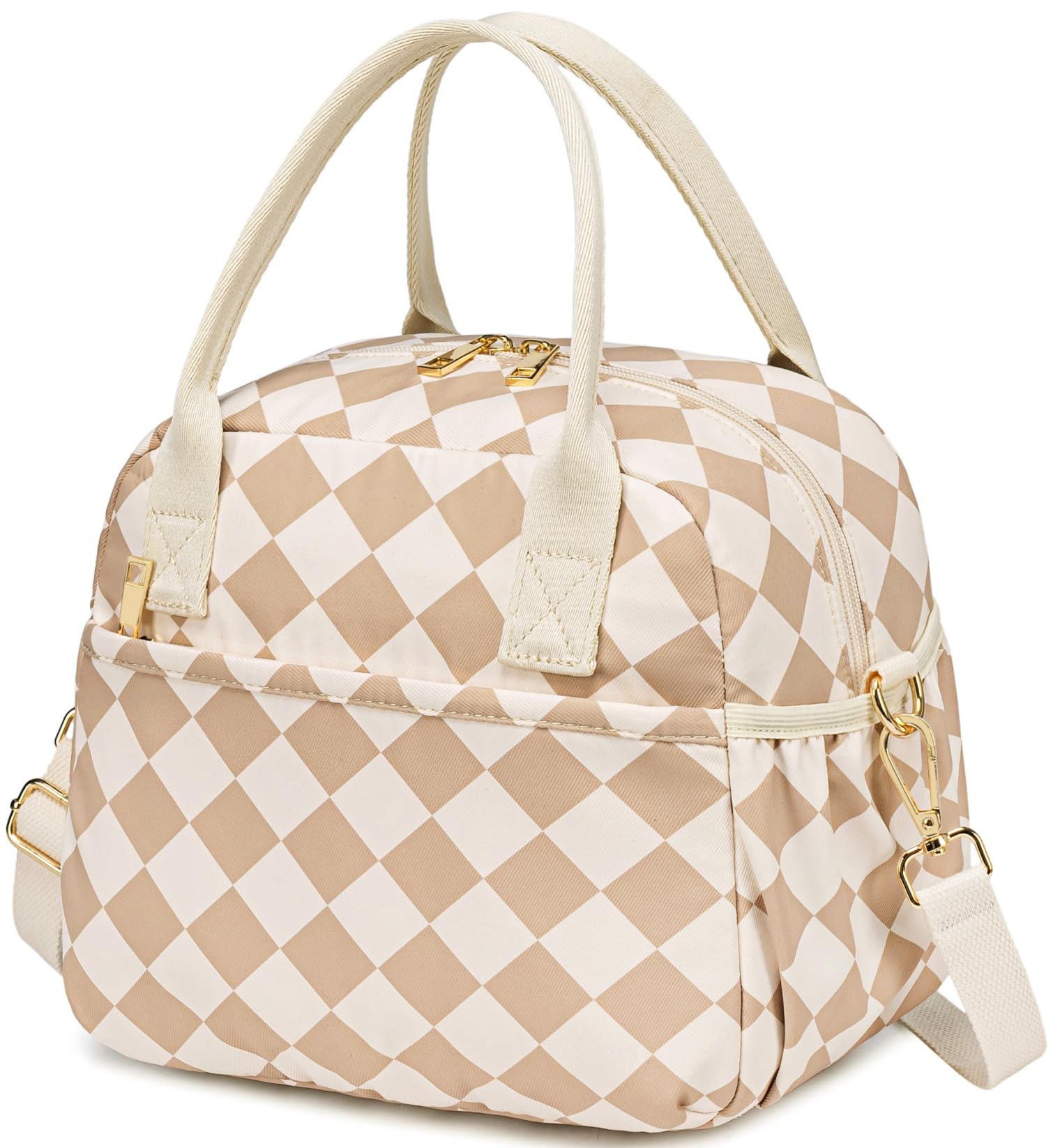 CAMTOP brown-white check lunch box front view with stylish quilted texture for daily meals