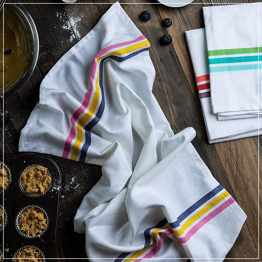 Candy Cottons boho striped design towels provide absorbent performance for spills.