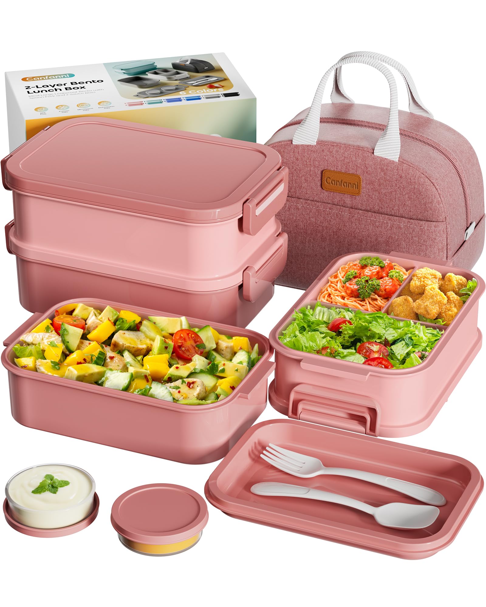 Canfanni rose pink bento box with three compartments for easy on-the-go meals
