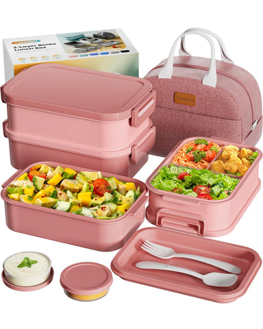 Canfanni rose pink bento box with three compartments for easy on-the-go meals