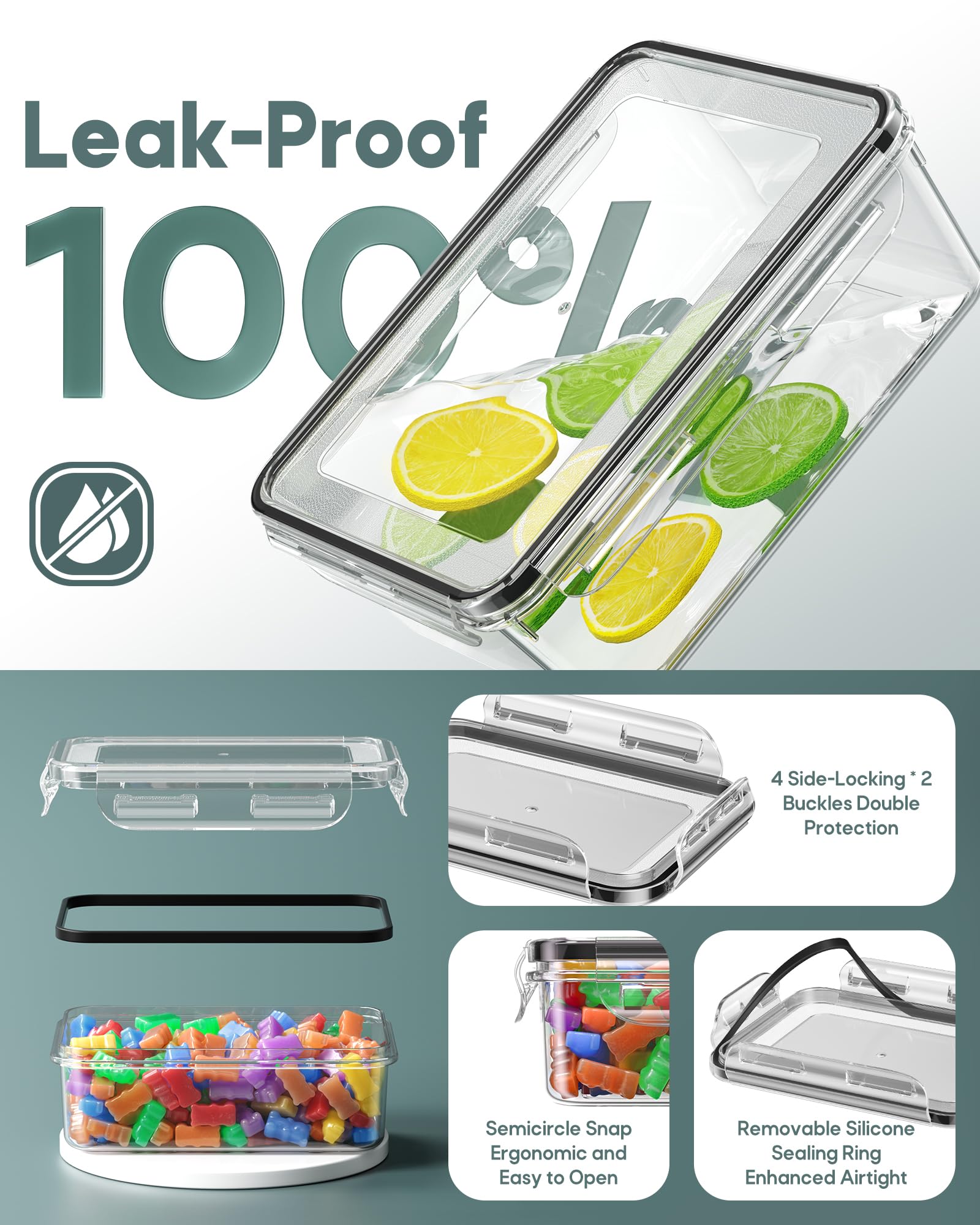 Canfanni silicone seal with four latches for leak-proof storage on every lid.