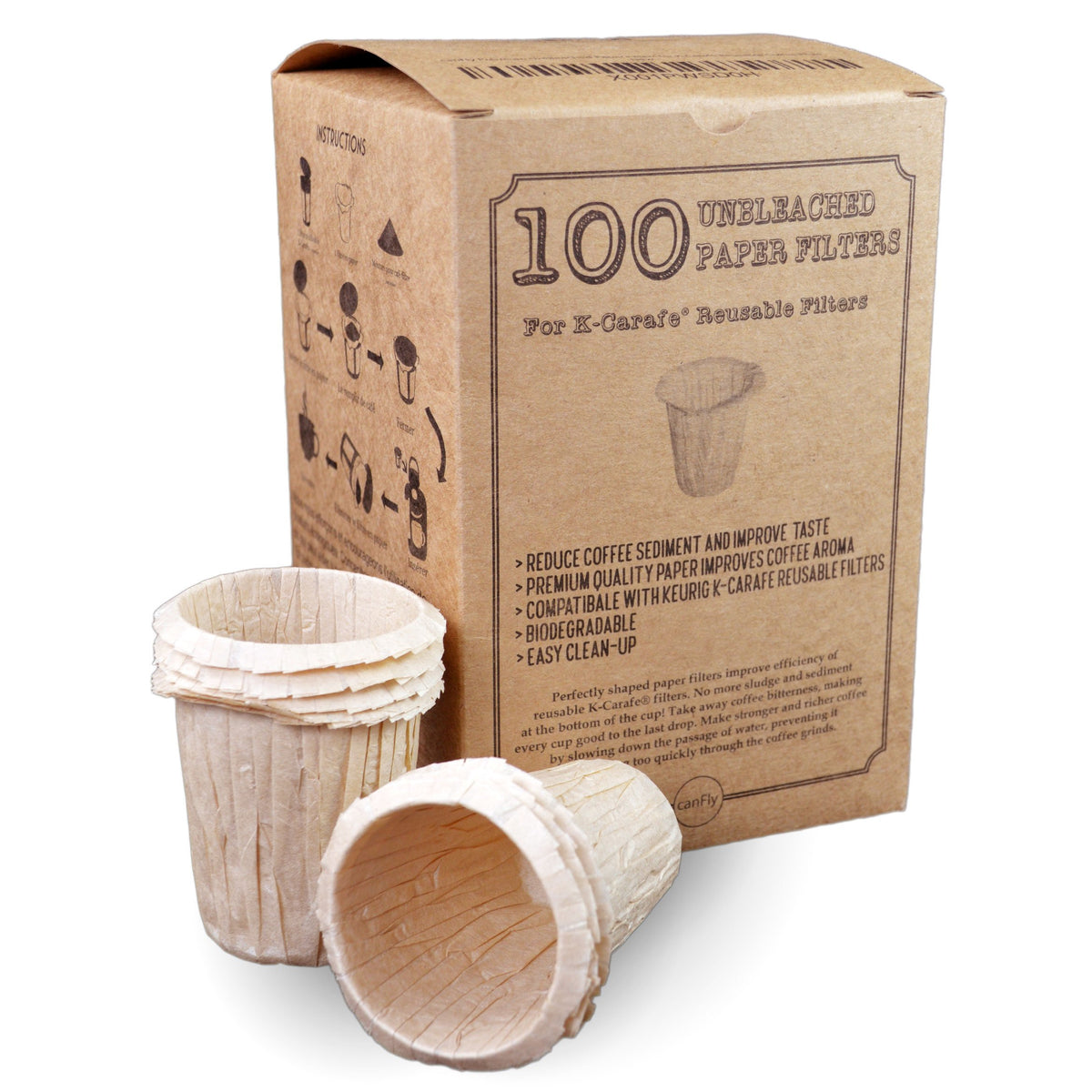 canFly k-carafe 4-cup filter box demonstrates compatibility with Keurig 2.0 and other brewers.