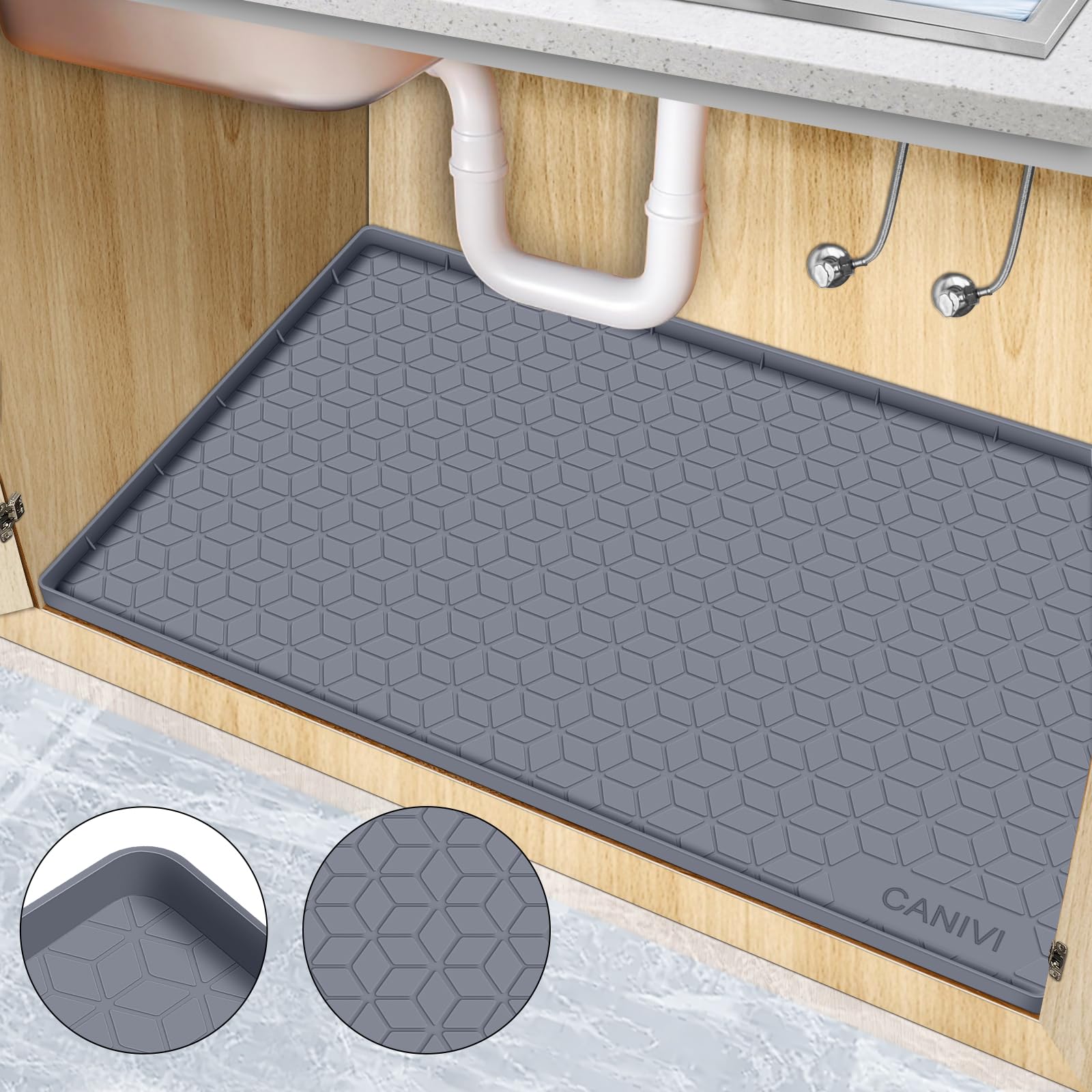 CANIVI under sink mat in grey protects cabinet floors from leaks and spills.