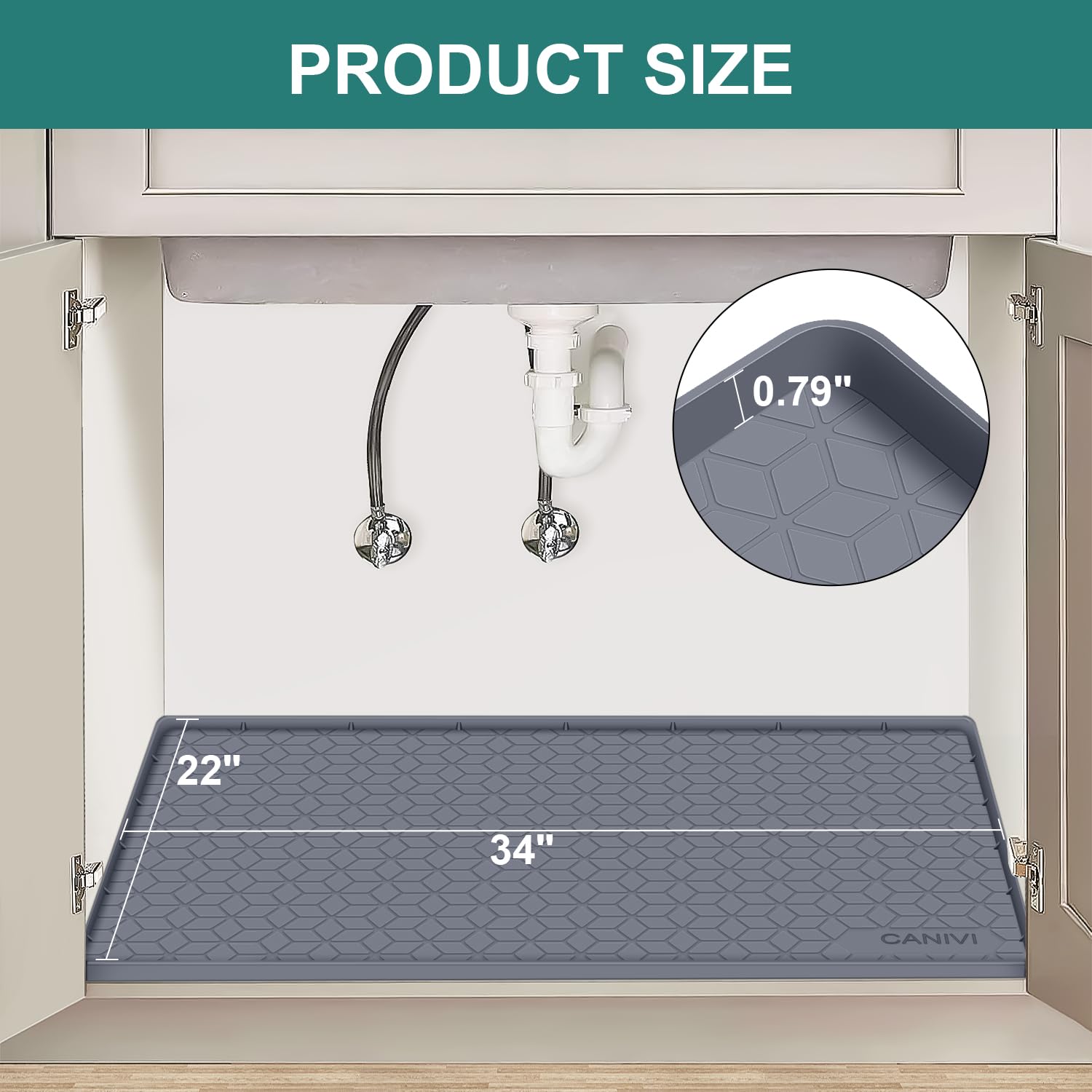 CANIVI waterproof silicone mat with raised walls contains spills under the sink.