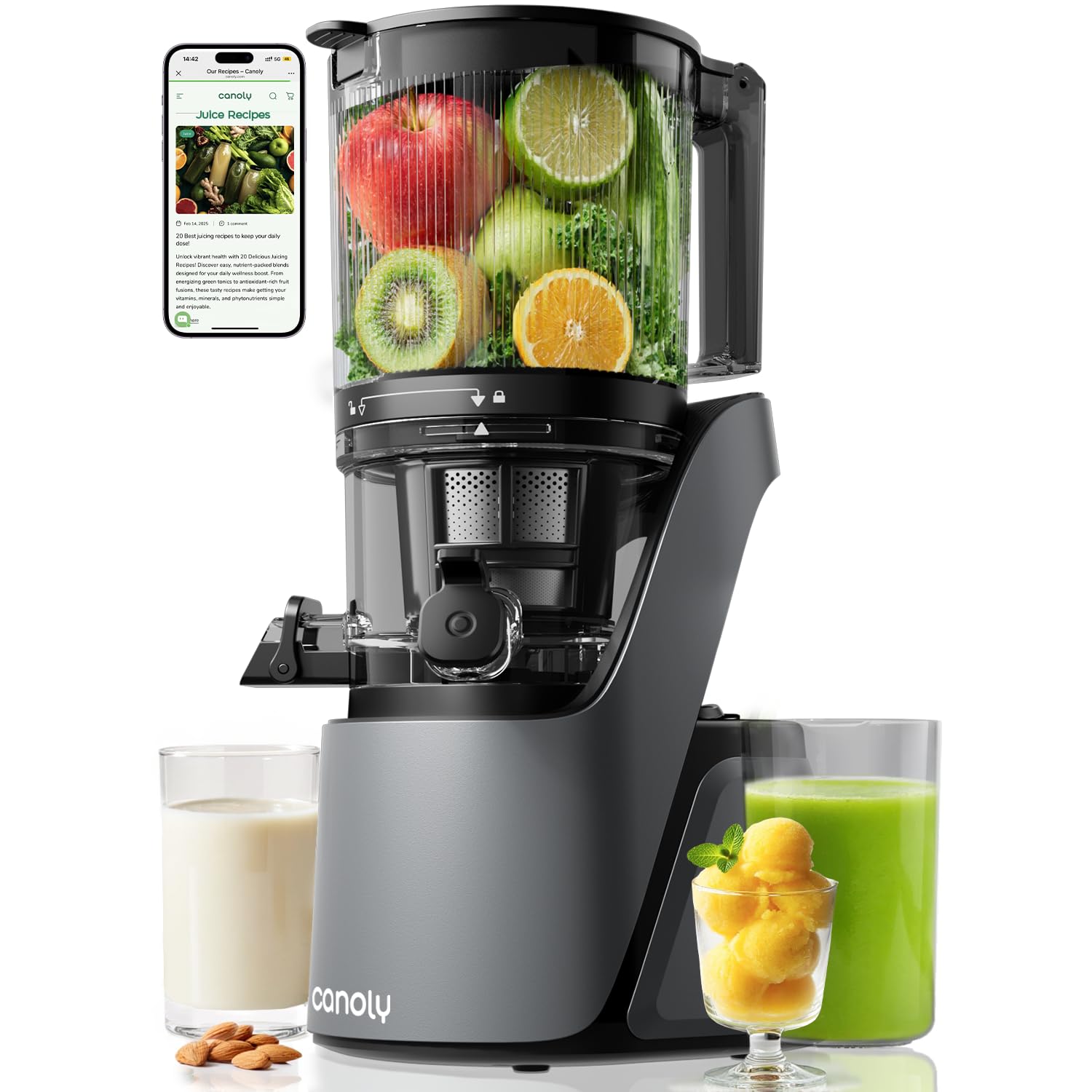 Canoly C16 juicer with 6-inch feed chute for whole-fruit juicing.