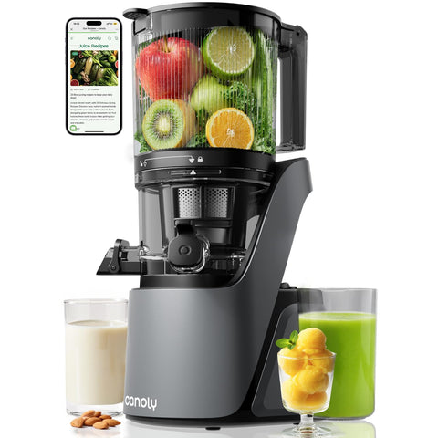Canoly C16 juicer with 6-inch feed chute for whole-fruit juicing.
