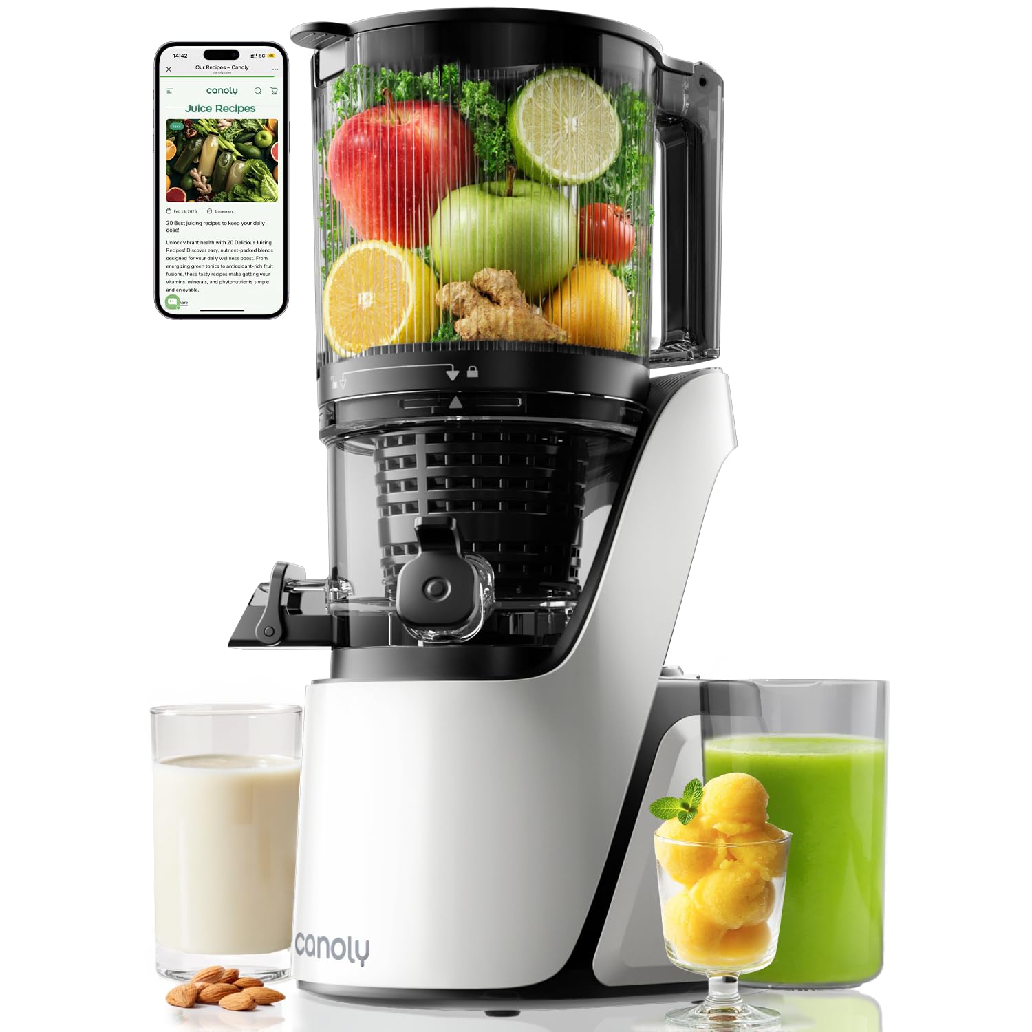 Canoly C16 juicer with 6-inch feed chute ready for whole-fruit juicing