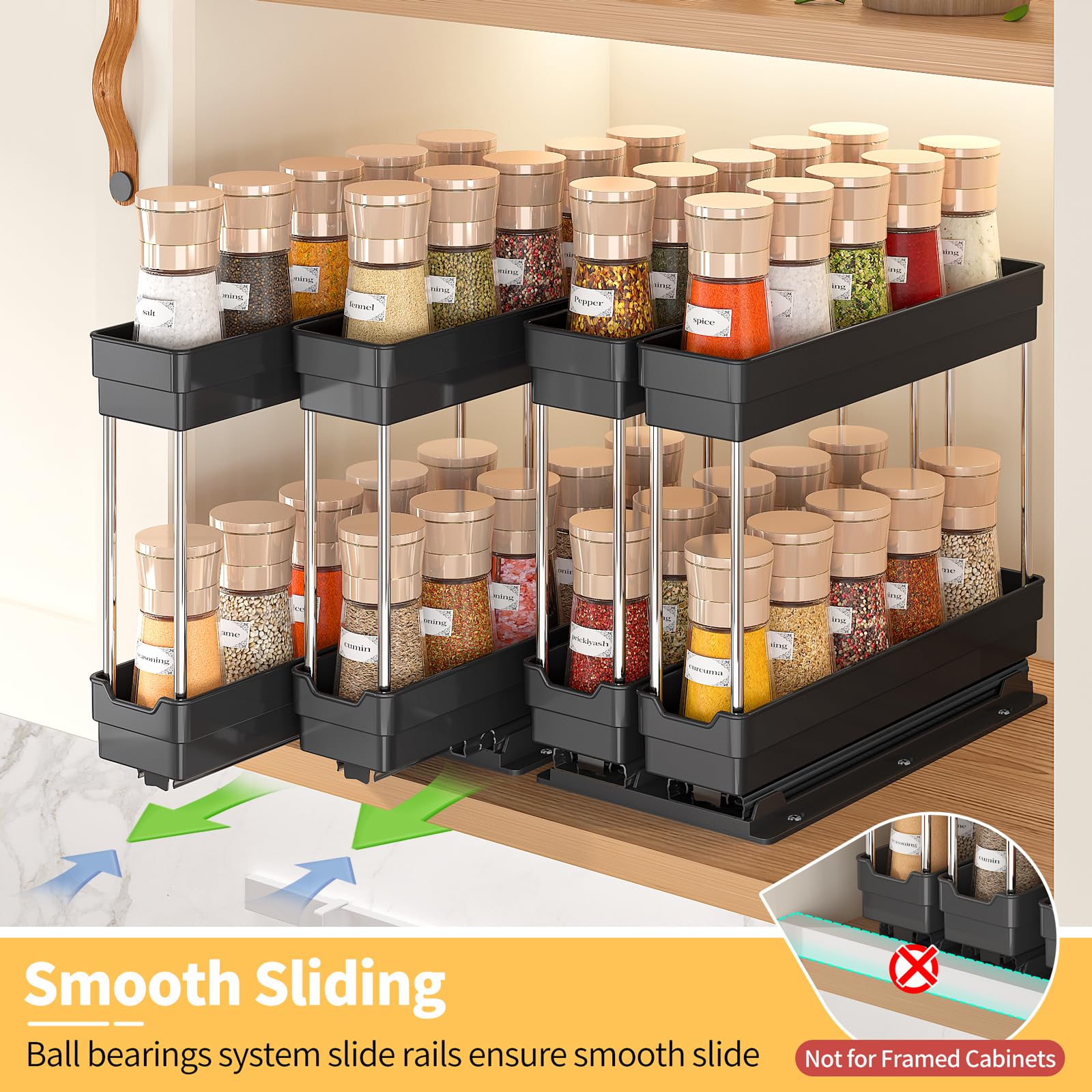 Cantami pull-out spice rack guardrails prevent spills during use.