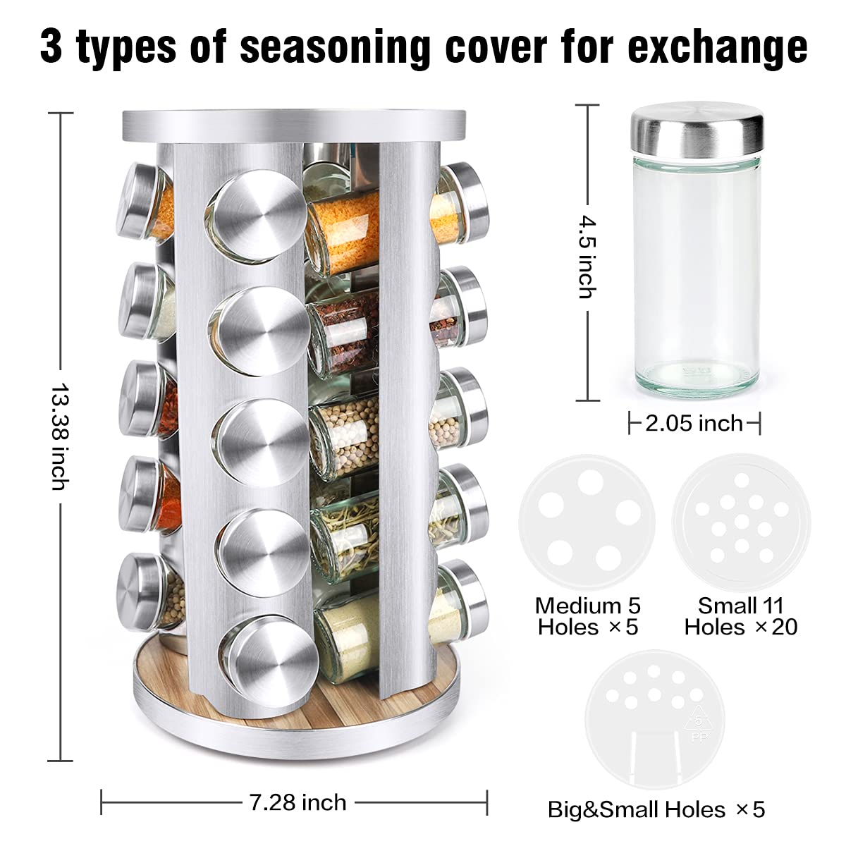 Cantami glass spice jars with metal lids neatly organized on a rotating rack.