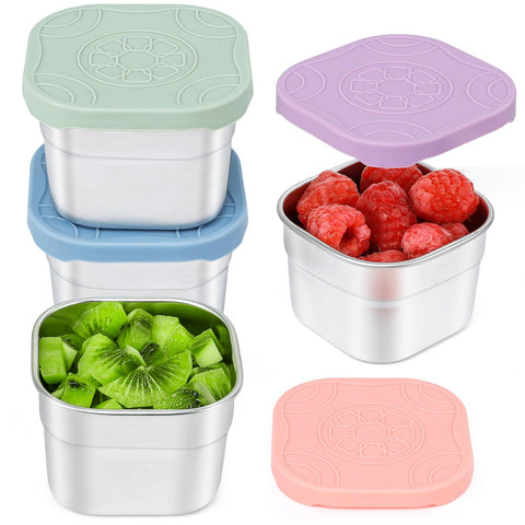 Caperci 4-pack stainless steel snack containers with silicone lids for leak-proof lunch organization.