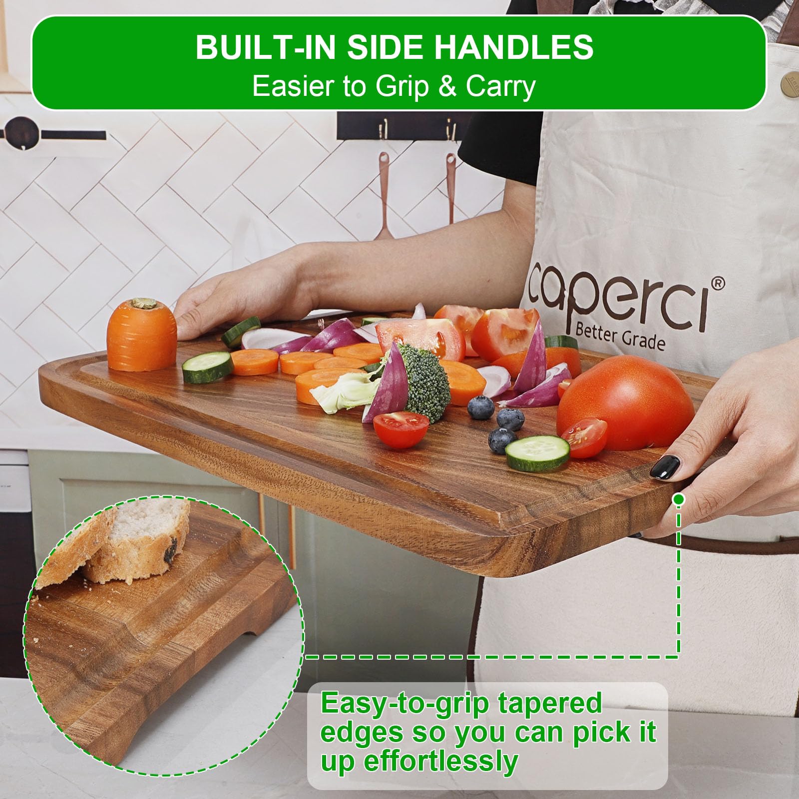 Built-in handles on the Caperci board for easy transport to table.