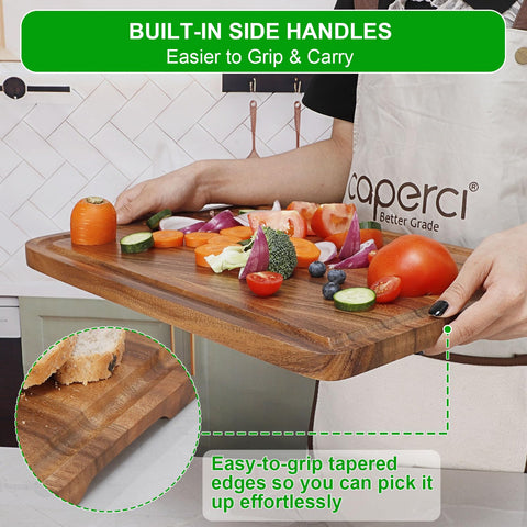 Built-in handles on the Caperci board for easy transport to table.
