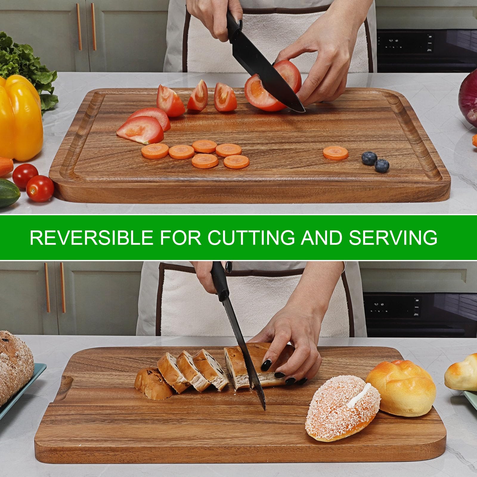 Caperci board with juice groove catches meat juices neatly.