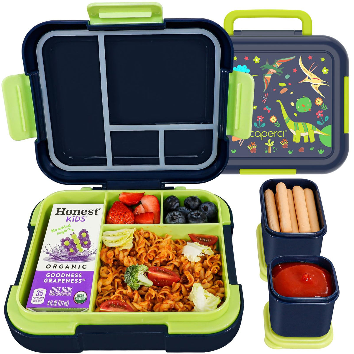 Caperci kids bento box with dinosaur theme for fun and organized lunches