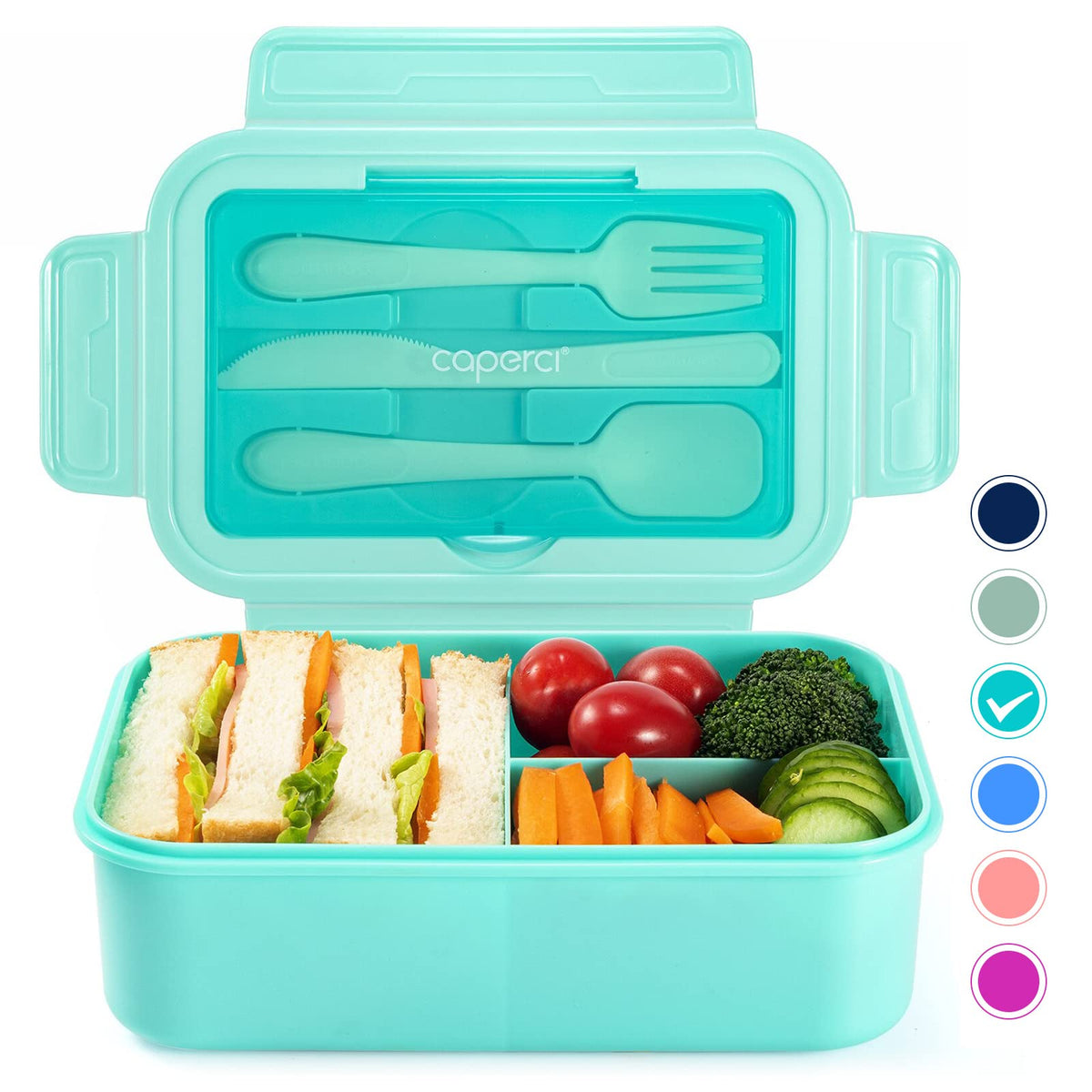 Caperci Classic Bento Box aqua full lunchbox for on-the-go meals.