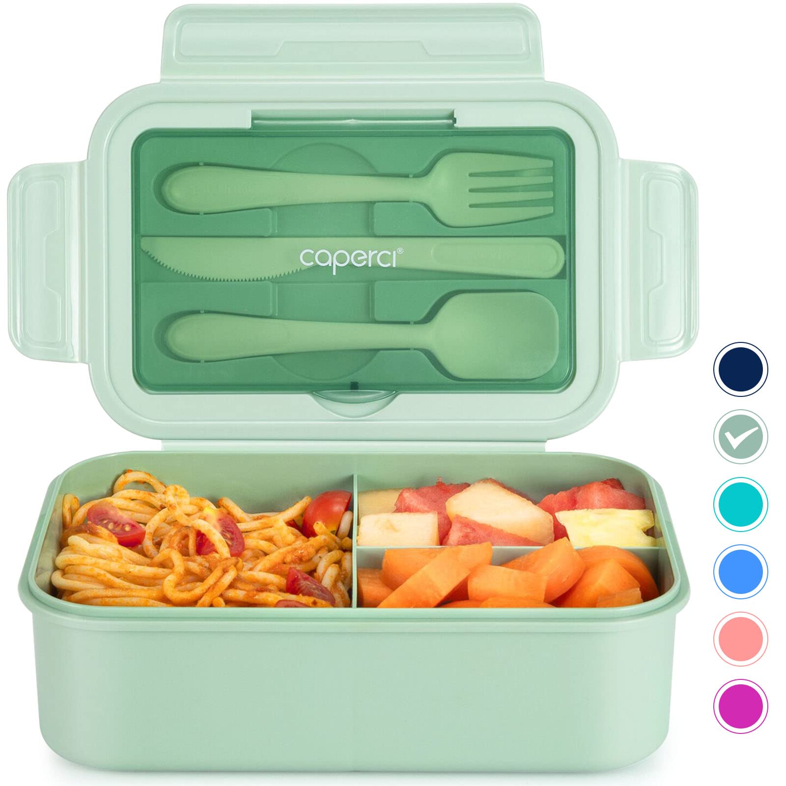 Caperci Classic Bento Box open to reveal three compartments for balanced meals.