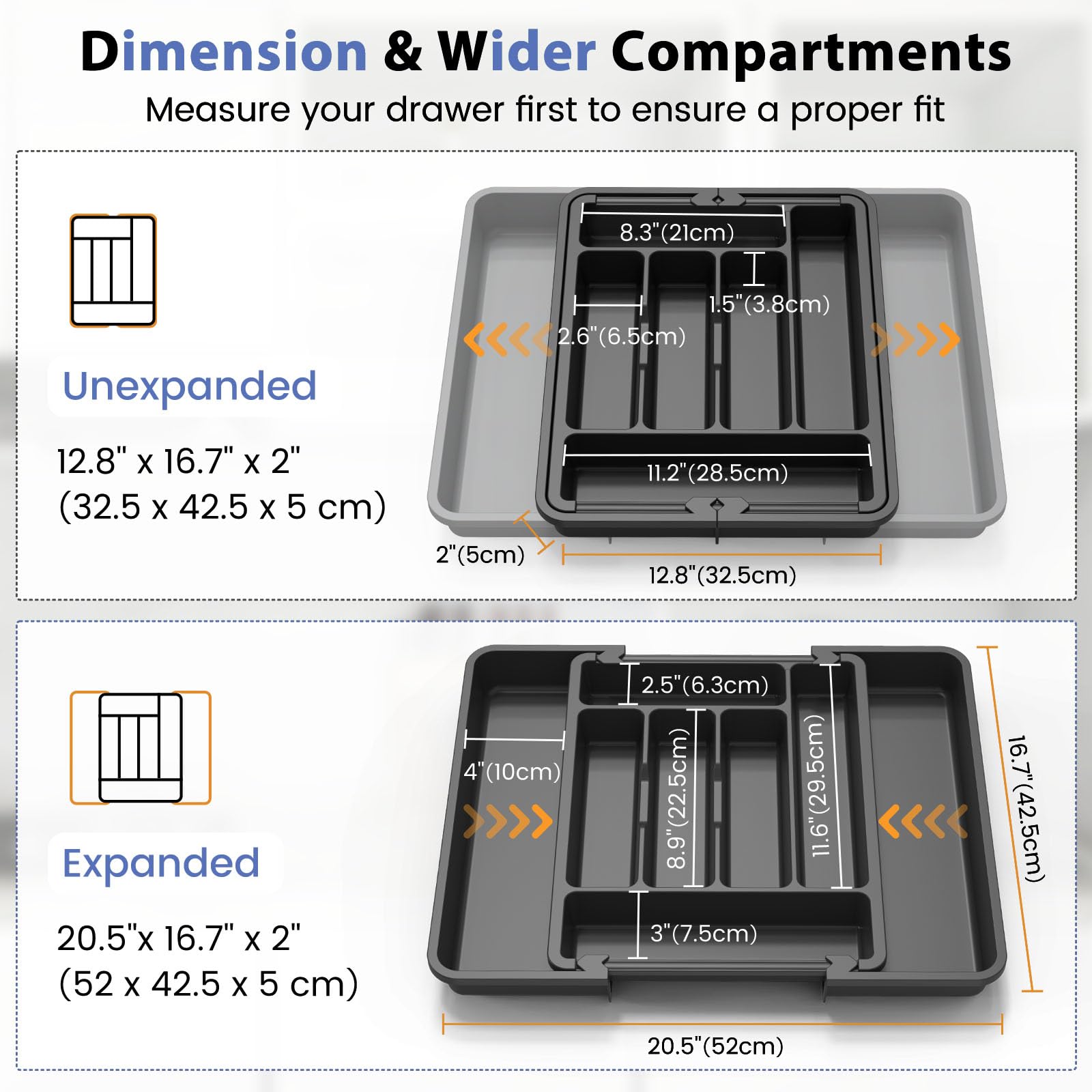 Caperci expandable drawer organizer shows closed and open widths for space-saving flexibility.