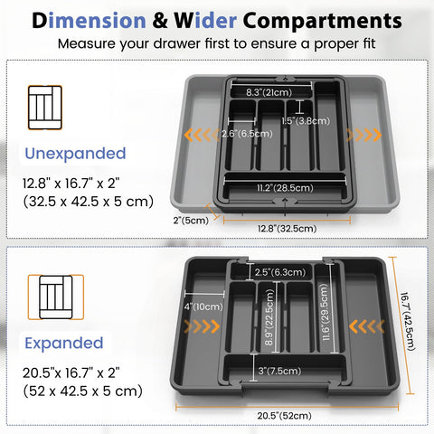 Caperci expandable drawer organizer shows closed and open widths for space-saving flexibility.