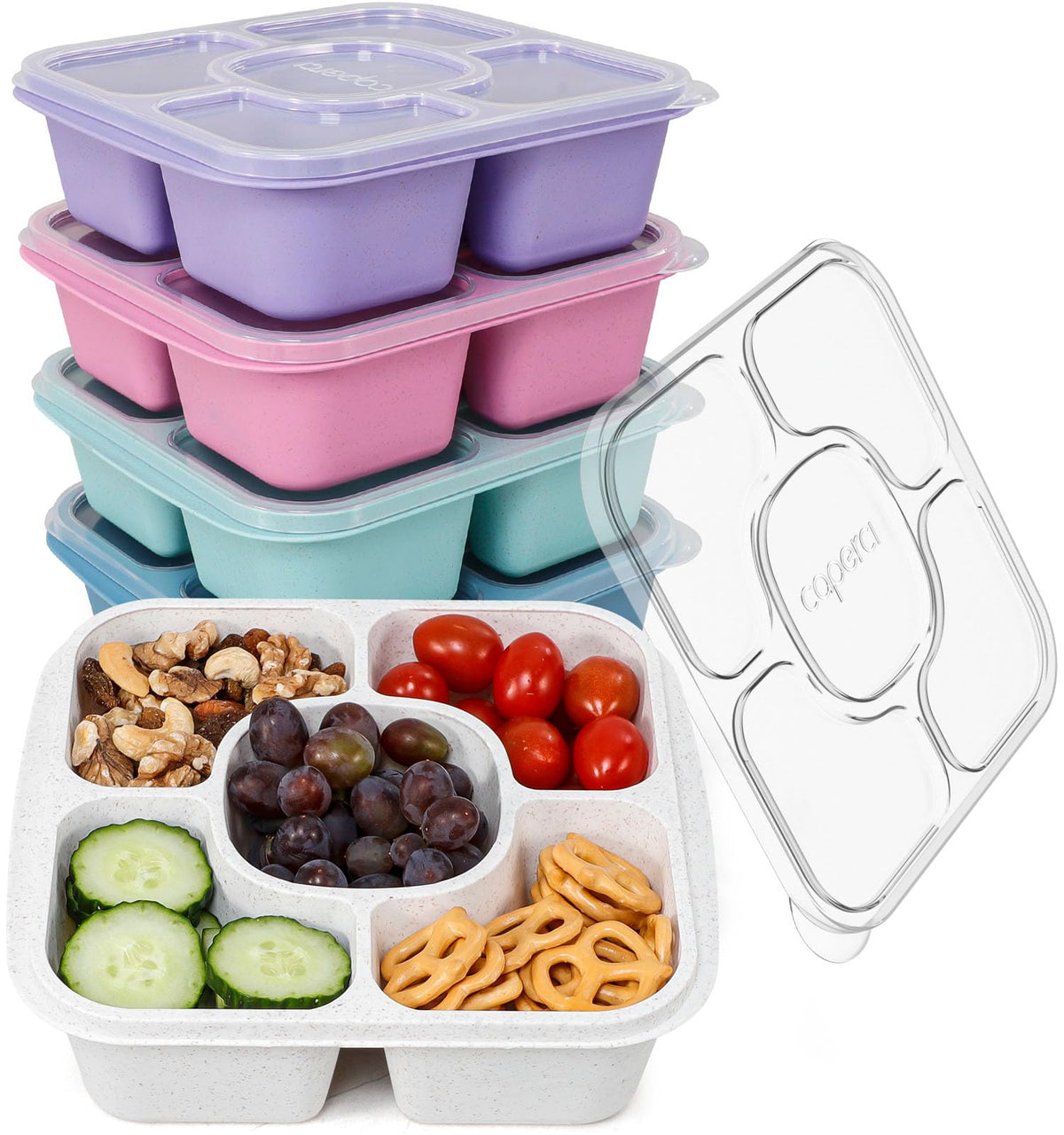 Caperci five-compartment snack container with dark lid for organized lunches.