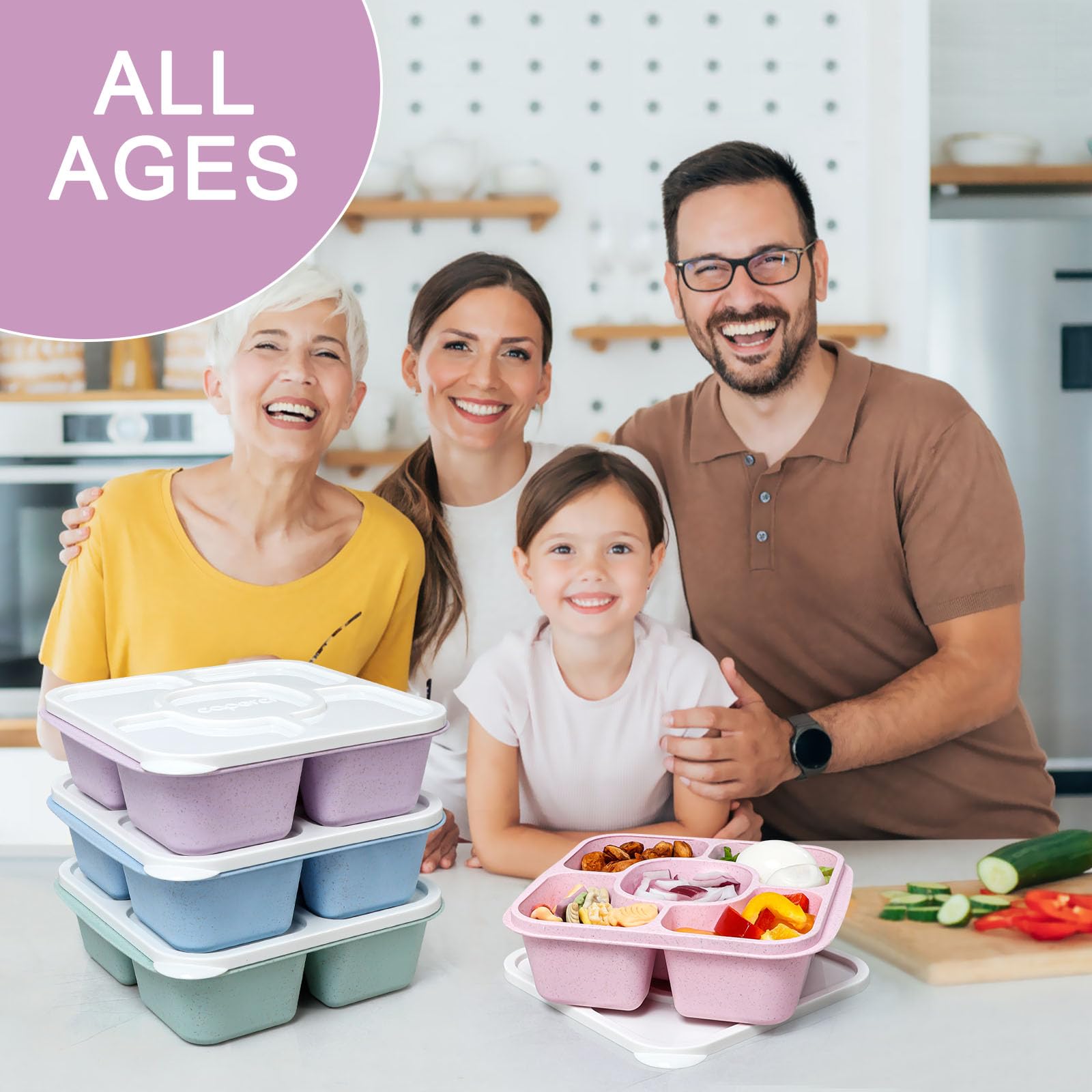Caperci five-compartment lunchbox ready for kids' meals.