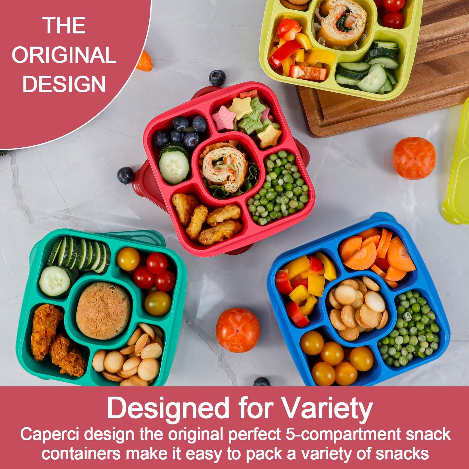 Caperci four jewel-bright lids showing color-coded organization for family use.