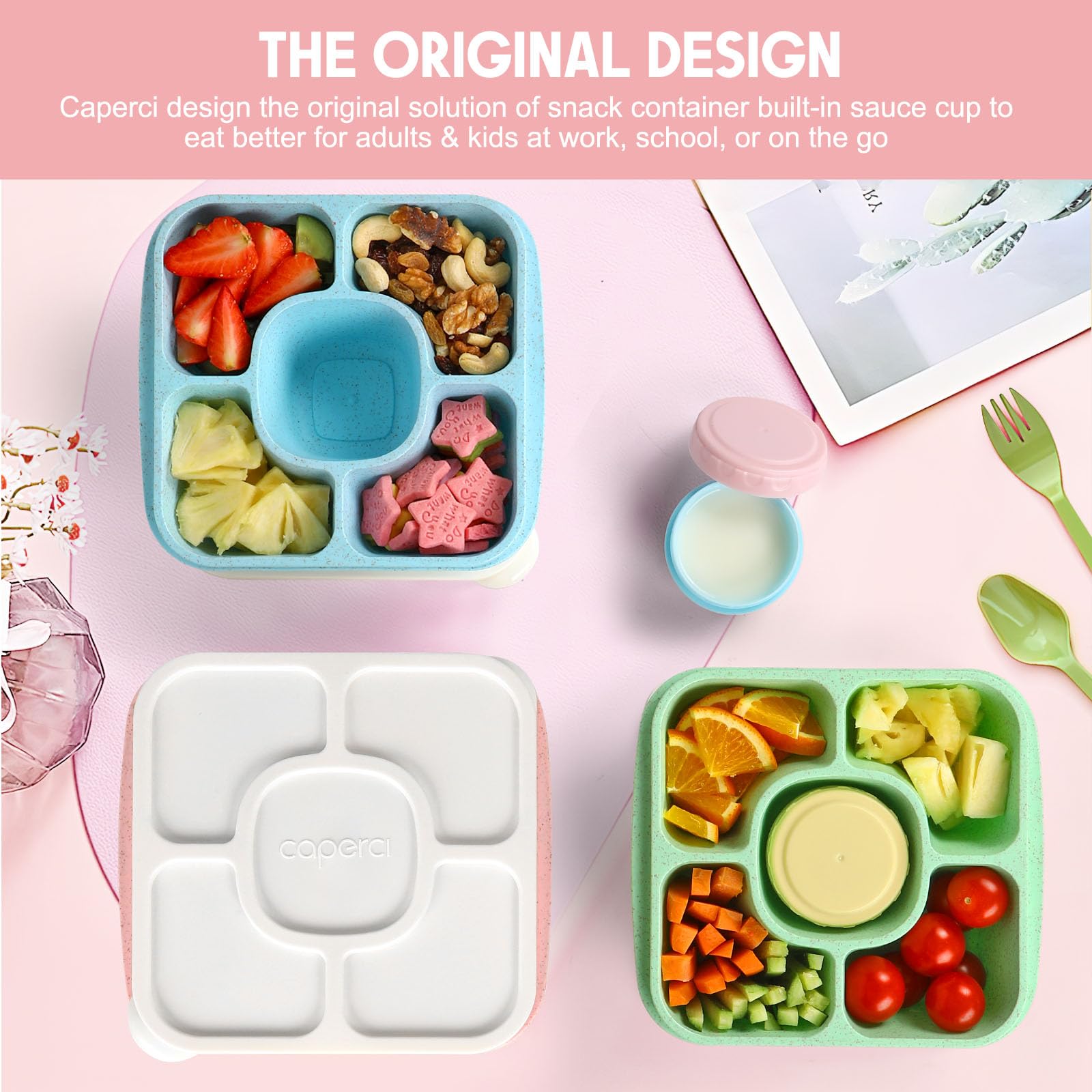 Caperci lunchable with built-in sauce containers and leakproof lids.