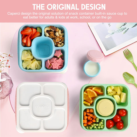 Caperci lunchable with built-in sauce containers and leakproof lids.