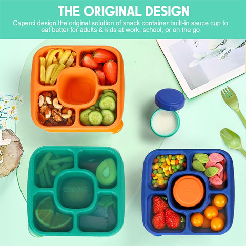 Caperci lunchbox built in sauce containers for neatly contained condiments.