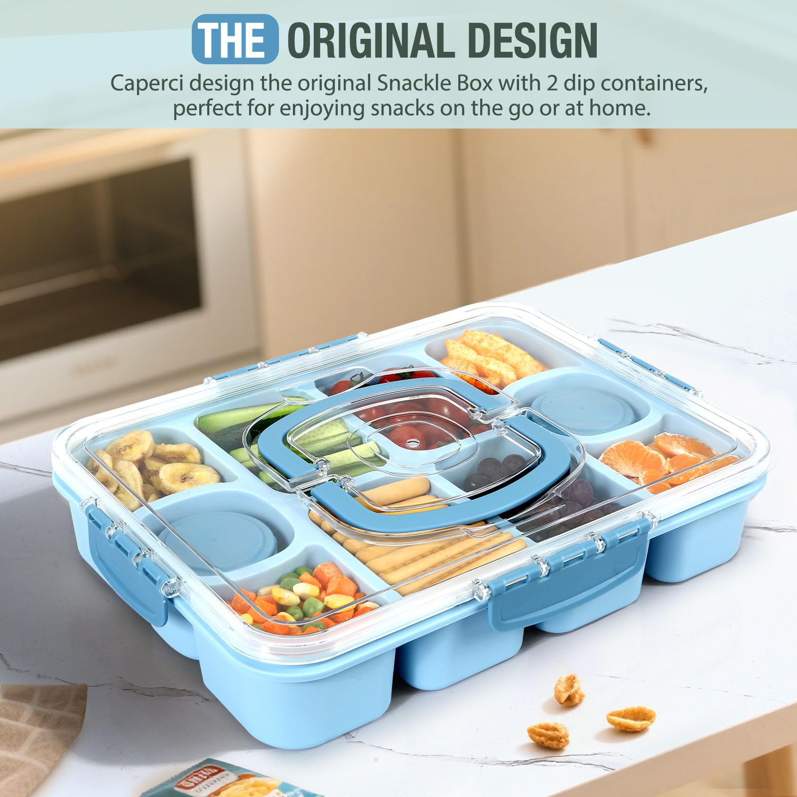 Caperci Snackle Box built-in dressing containers prevent spills