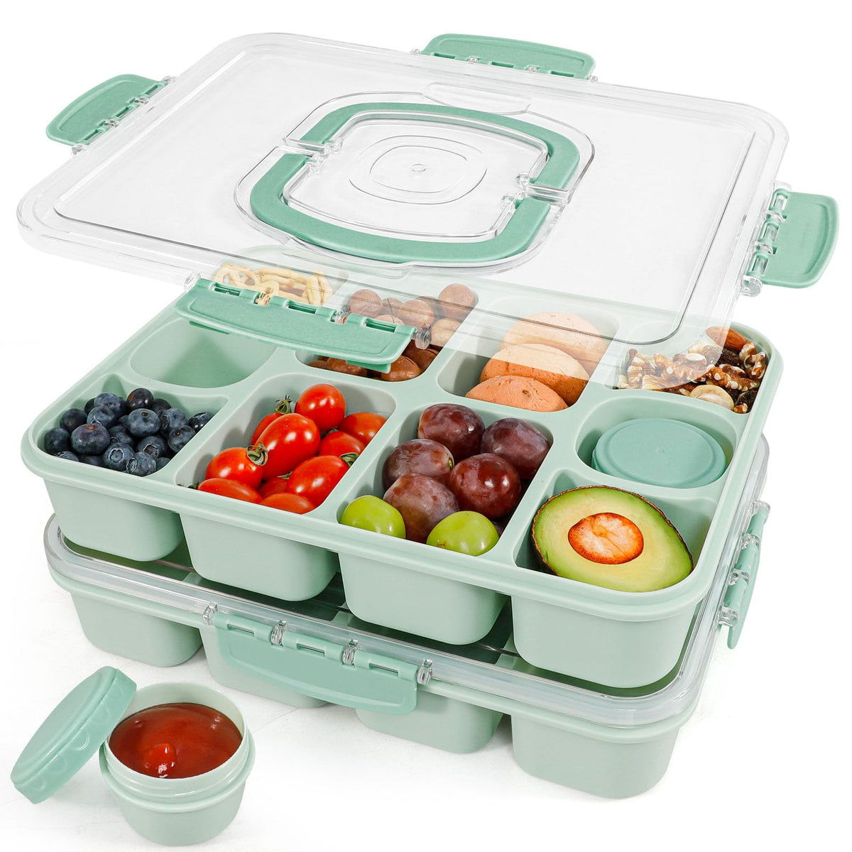 Caperci Snackle Box Mint Green front view shows durable travel tray.