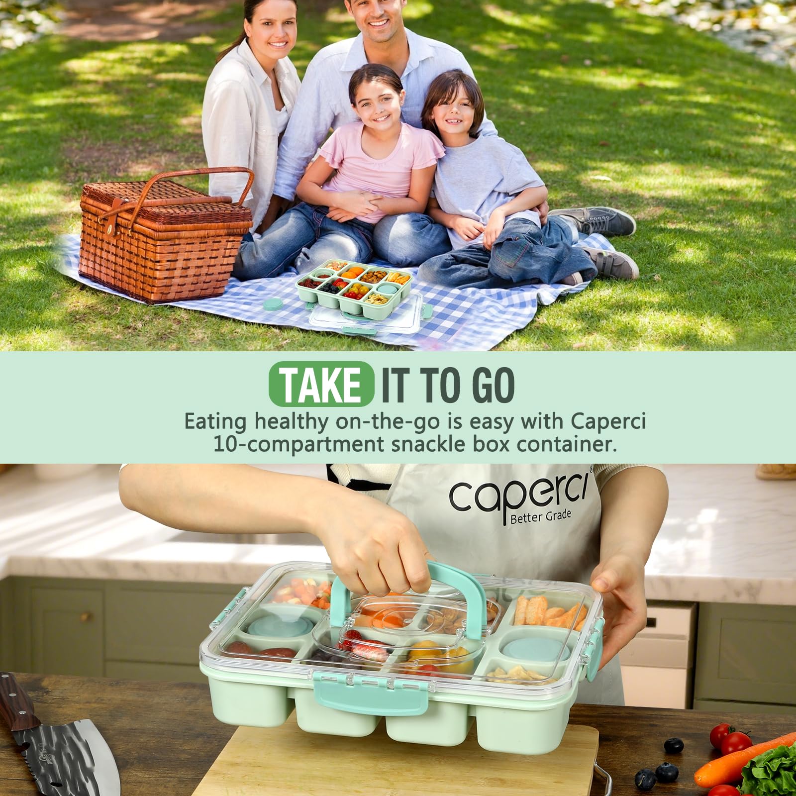 Caperci Snackle Box Mint Green used in a picnic setup for portability.