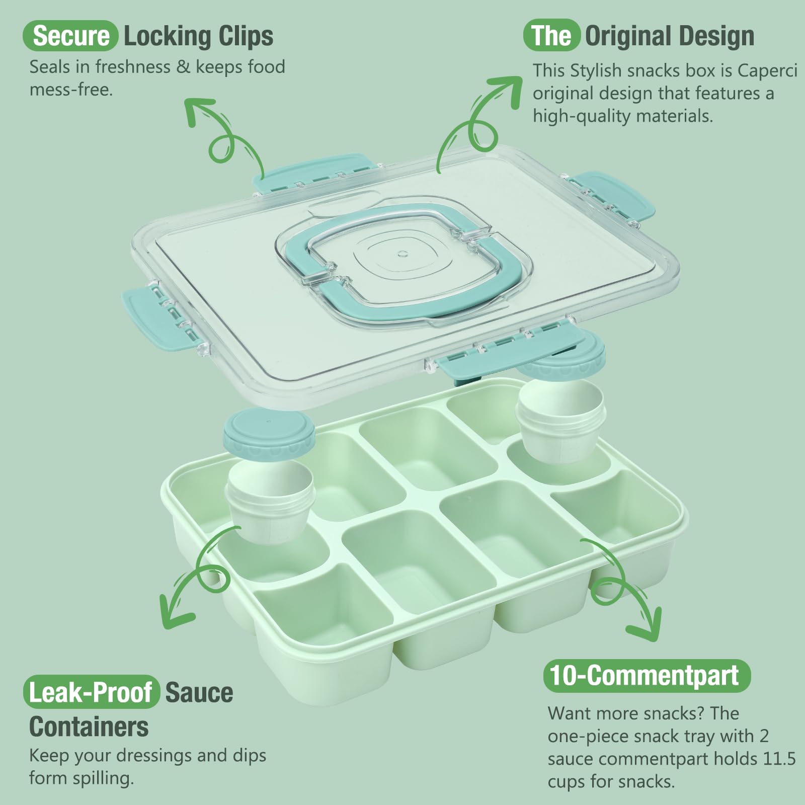Caperci Snackle Box Mint Green built-in sauce containers keep dips separate.