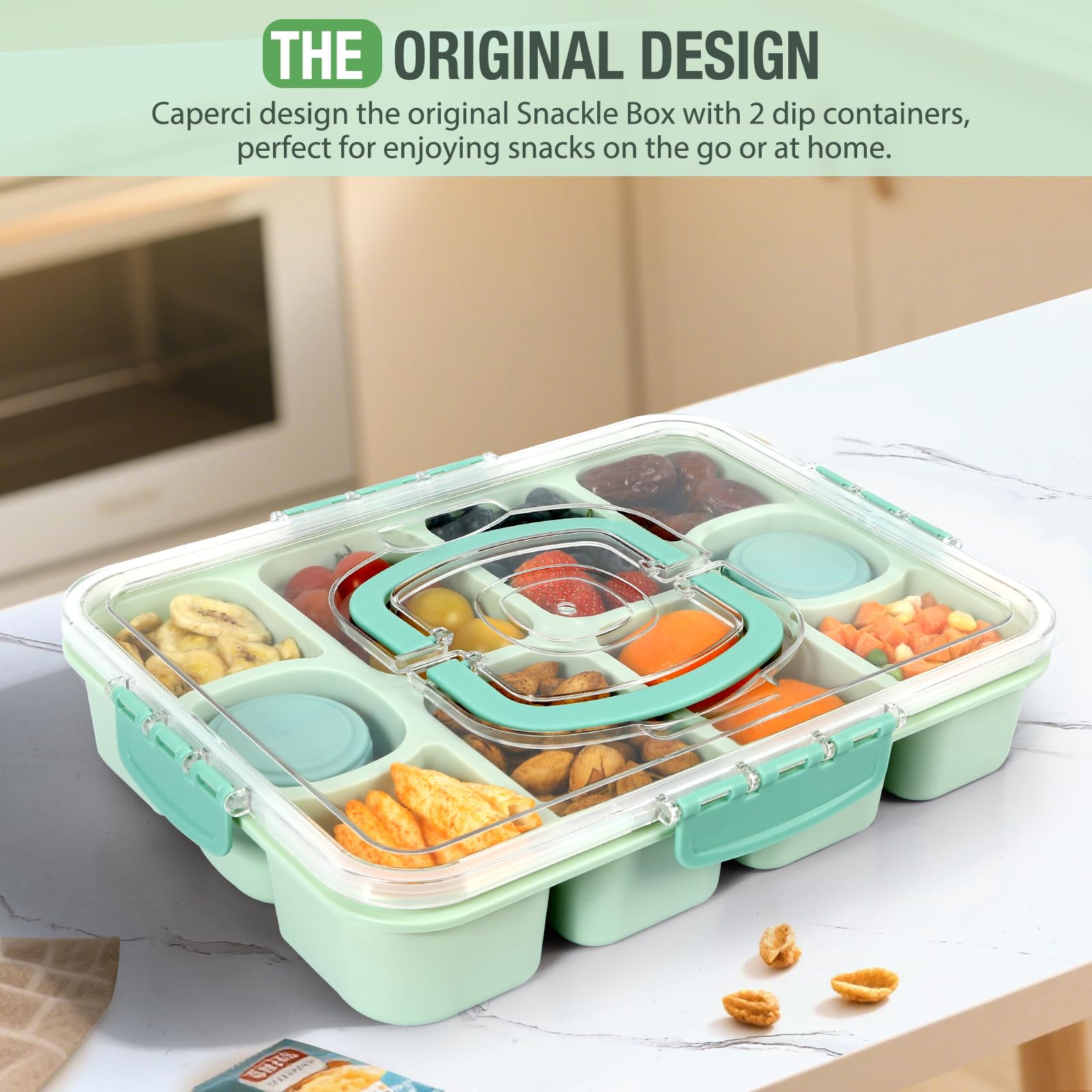 Caperci Snackle Box Mint Green stackable design for compact storage.