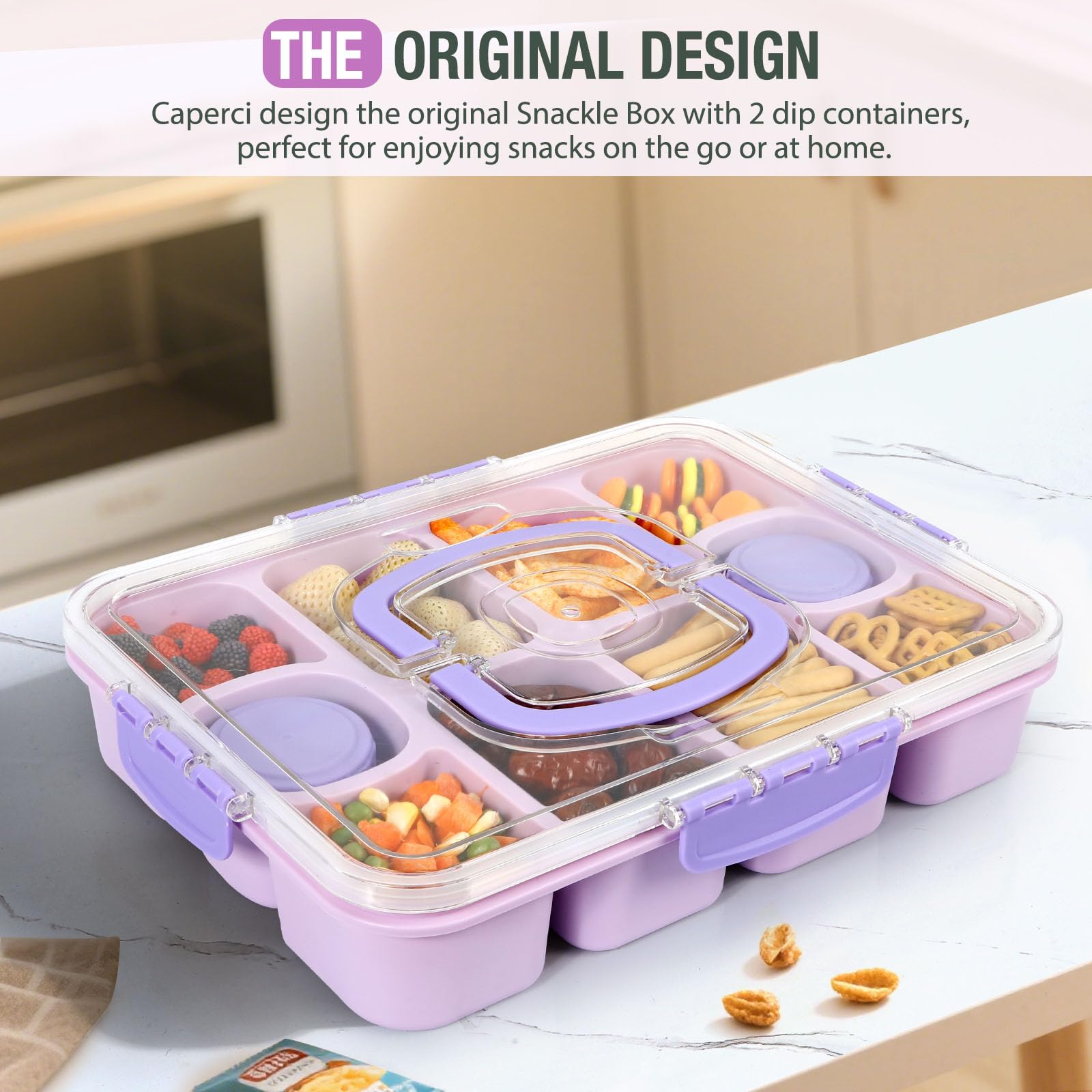 Caperci Snackle dressing containers included for dips without spills.